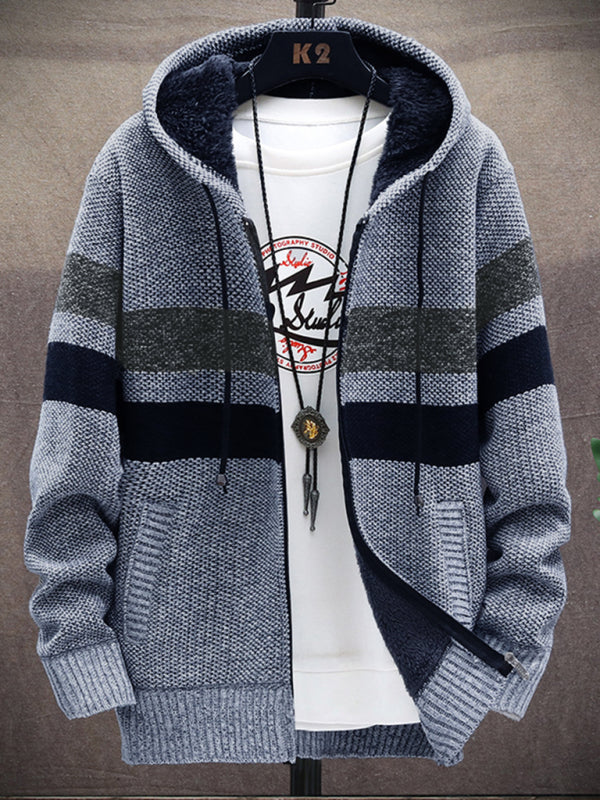 Fleece sweater cardigan Contrast color jacket youth slim fit trendy hooded jacket – closeup view