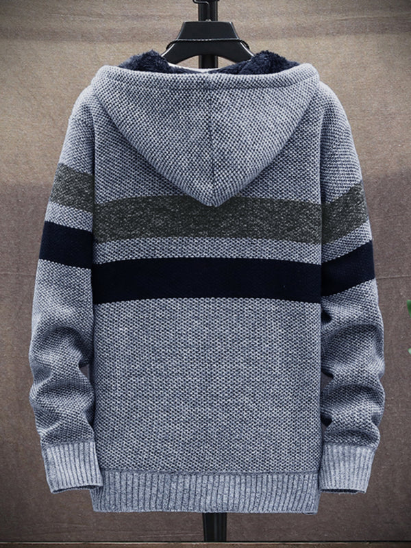 Fleece sweater cardigan Contrast color jacket youth slim fit trendy hooded jacket – detail view