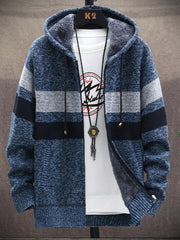 Hooded cardigan with contrast color-block stripes – front view