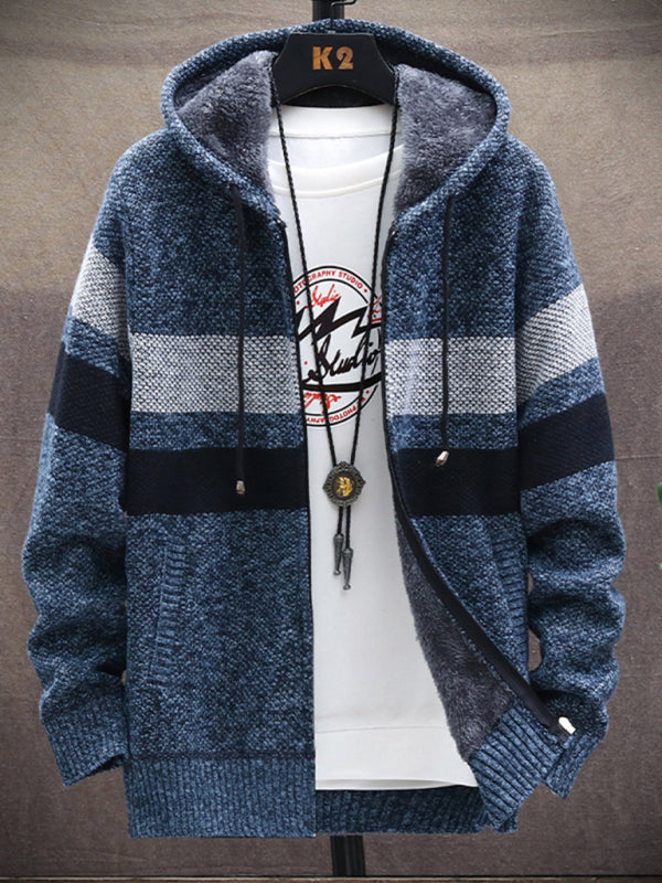 Hooded cardigan with contrast color-block stripes – front view