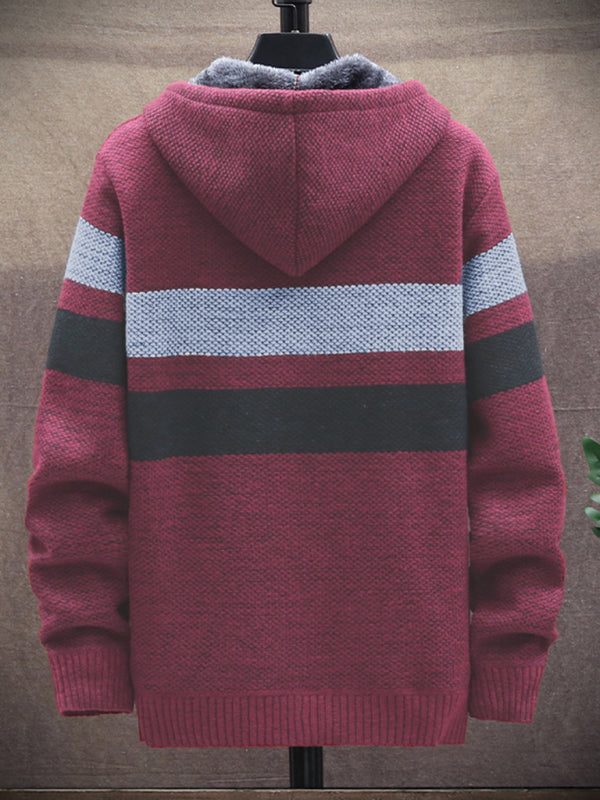 Fleece sweater cardigan Contrast color jacket youth slim fit trendy hooded jacket – lifestyle view