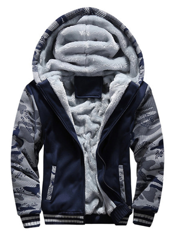 Camouflage sweater men's casual sports cardigan sweater jacket with open front, long sleeves, and plush lining, designed to keep warm in autumn-winter seasons.