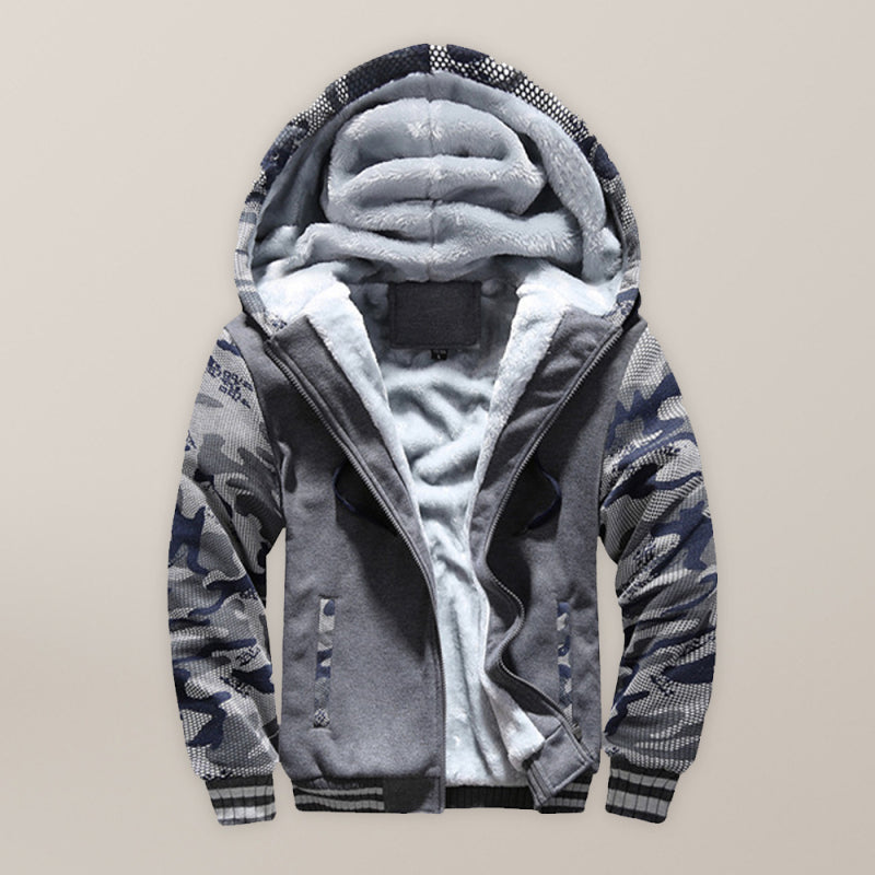 Camouflage men's casual sports cardigan sweater jacket with open front, hood, and long sleeves.