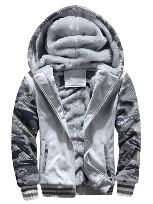 Camouflage sweater men's casual sports cardigan sweater jacket with open front, long sleeves, and a cozy fleece-lined hood.