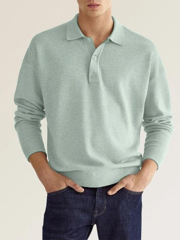 Long Sleeve V Neck Button Men's Casual Top Polo Shirt