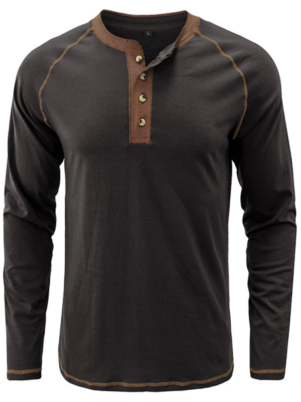 Men's T-Shirt Solid Color Button Colorblock Long Sleeve Top