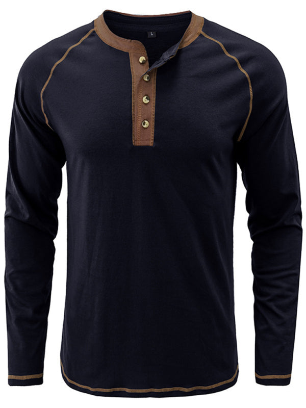 Men's T-Shirt Solid Color Button Colorblock Long Sleeve Top