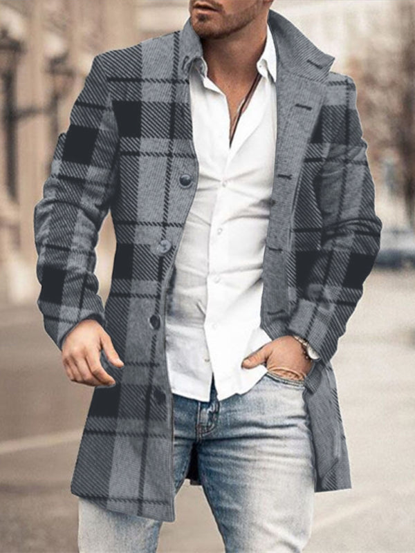 New men's woolen stand collar mid-length pocket casual coat – detail view