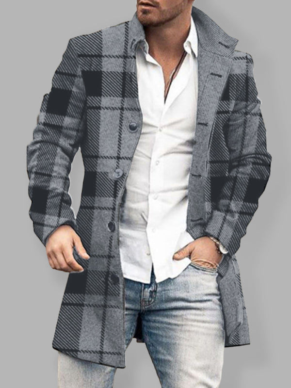 New men's woolen stand collar mid-length pocket casual coat – closeup view