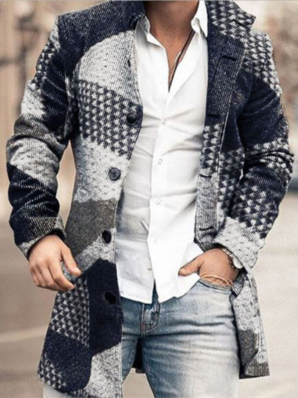 New men's woolen stand collar mid-length pocket casual coat – detail view