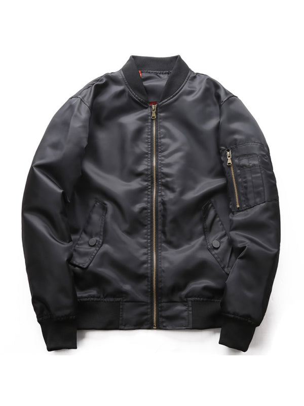 Baseball Collar Men's Air Force Pilot Jacket in black with flap pockets and a classic zippered design.