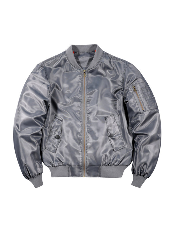 Baseball Collar Mens Air Force Pilot Unisex Men's Jacket in grey color, 100% Nylon, featuring a zipper front, flap pockets, and a classic collar.