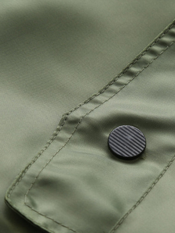 Close-up of flap pocket detail on Baseball Collar Men's Air Force Pilot Jacket in green, highlighting button and stitching.