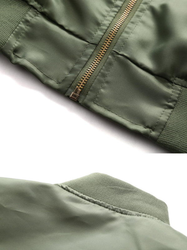 Close-up view of the Baseball Collar Men's Air Force Pilot Jacket with a green zipper and collar.