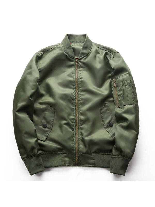 Baseball Collar Men's Air Force Pilot Jacket in green with a zipper closure, flap pockets, and sleeve pocket.