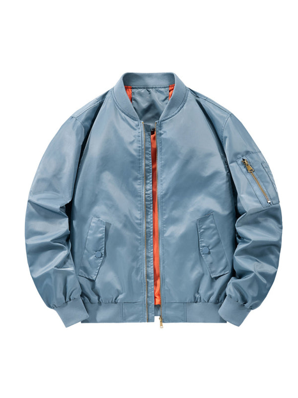 Baseball Collar Men's Air Force Pilot Jacket in light blue nylon with flap pockets and sleeve zipper.