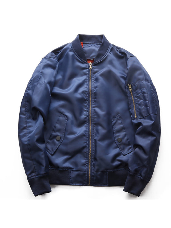 Navy blue nylon baseball collar men's air force pilot jacket with front zipper and flap pockets.