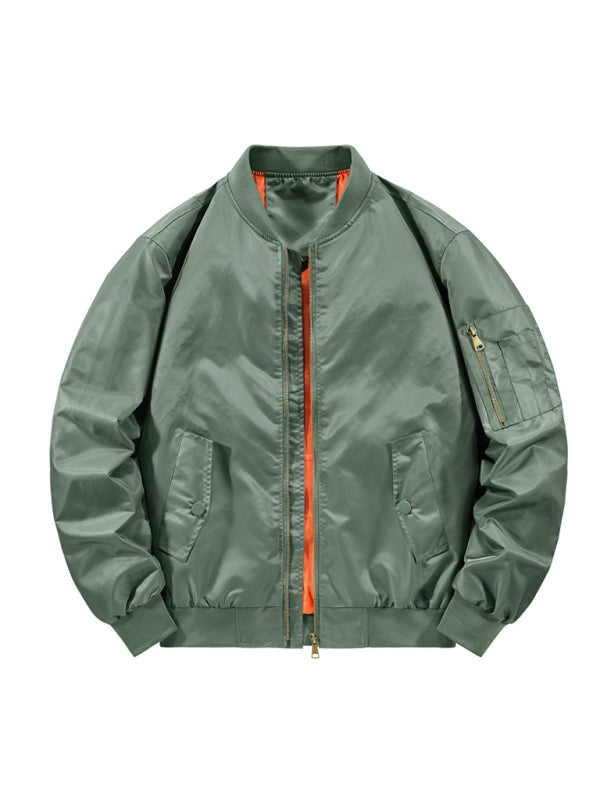 Green baseball collar men's Air Force pilot jacket with flap pockets and orange detailing on the inside.