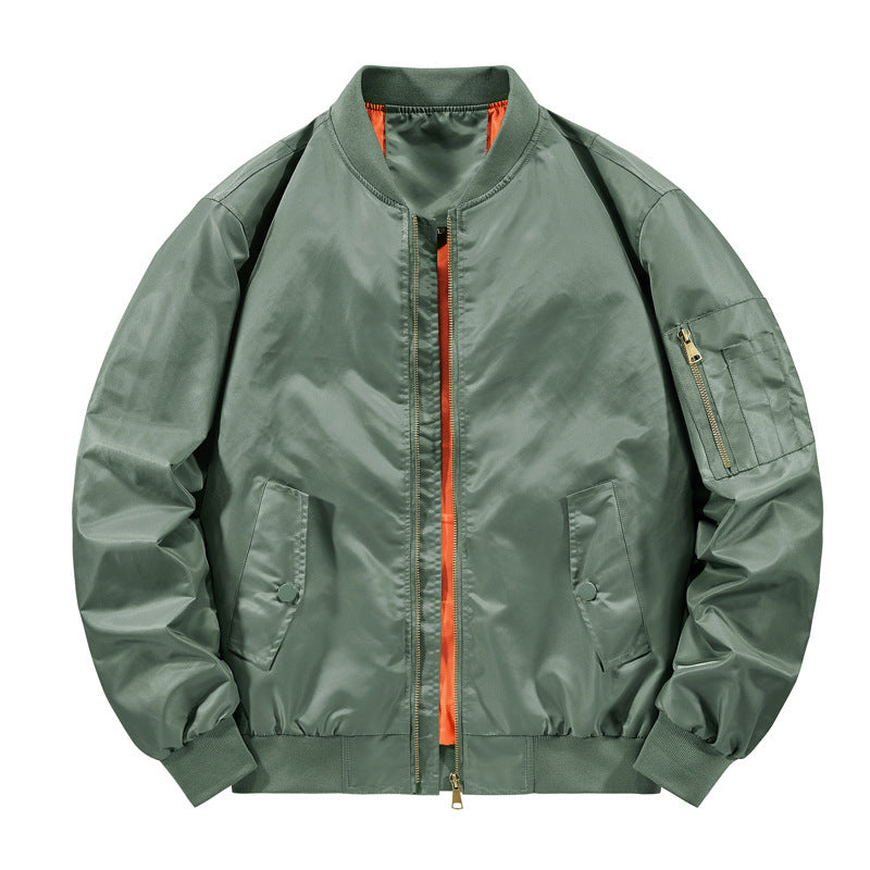 Green baseball collar men's Air Force pilot jacket with front zipper and flap pockets.