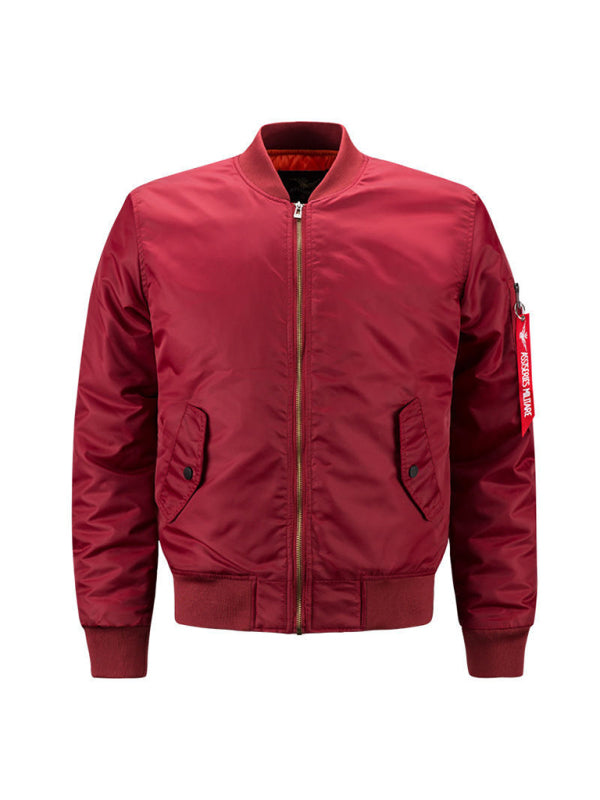 Red Baseball Collar Men's Air Force Pilot Jacket with flap pockets and a zipper closure.