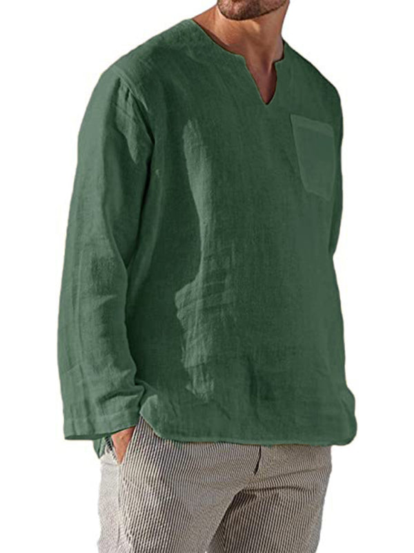 Men's Long Sleeve V Neck Casual Beach Linen Shirt – detail view
