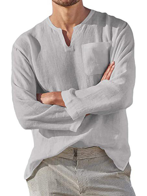 Men's Long Sleeve V Neck Casual Beach Linen Shirt – detail view