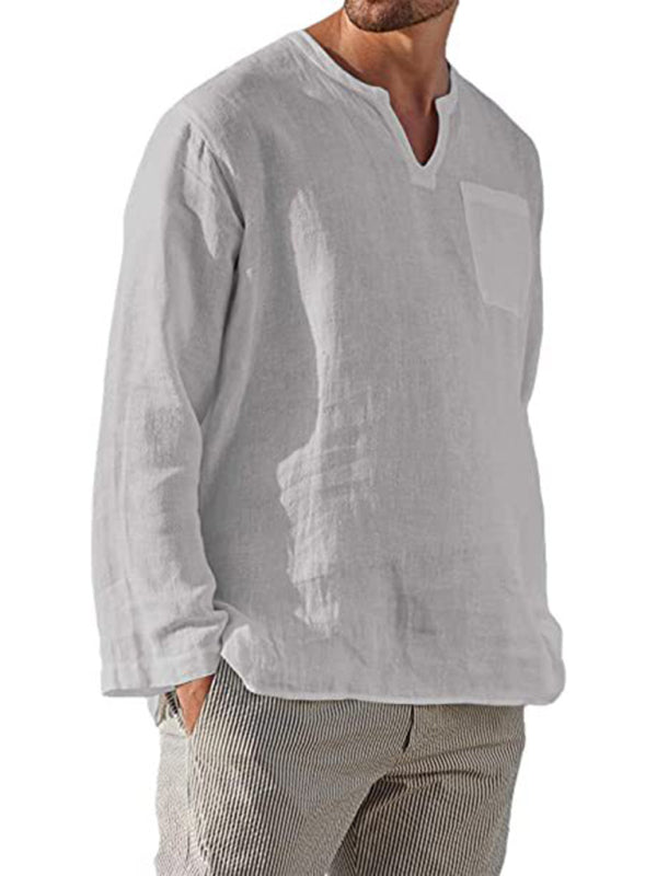 Men's Long Sleeve V Neck Casual Beach Linen Shirt – closeup view