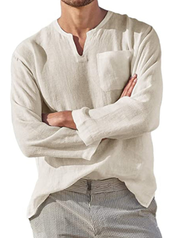 Men's beige long sleeve V-neck linen shirt with pocket detail – front view