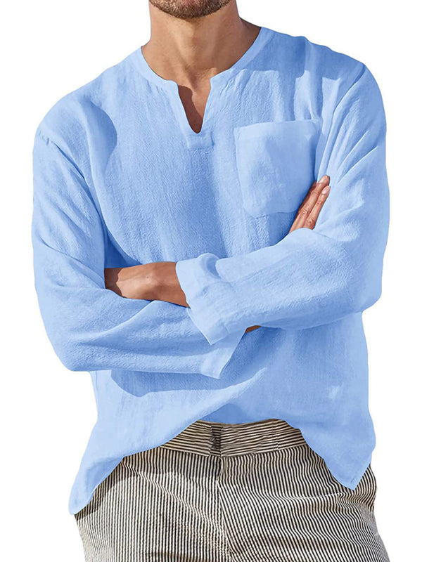 Men's blue long sleeve V-neck casual beach shirt – front view