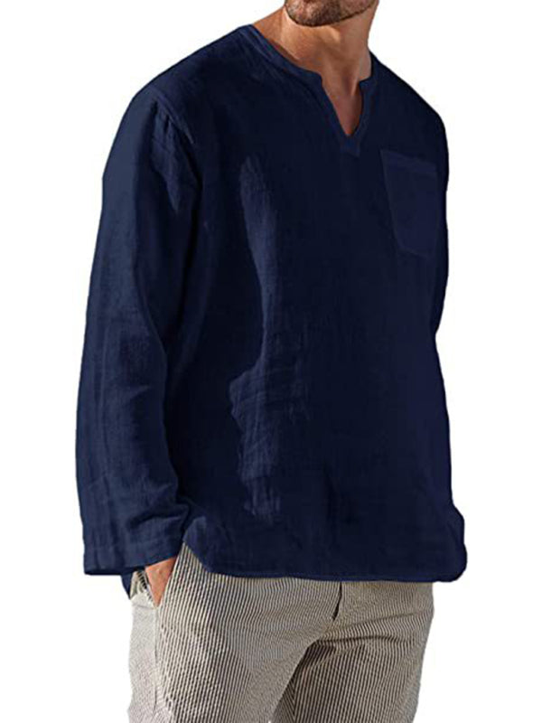 Men's navy long sleeve V-neck linen shirt – front view