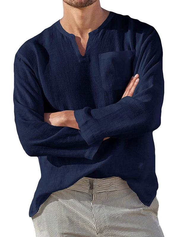 Men's Long Sleeve V Neck Casual Beach Linen Shirt – lifestyle view