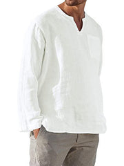 Men's white long sleeve V-neck linen shirt – front view