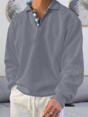 Men's solid color lapel loose long-sleeved POLO shirt