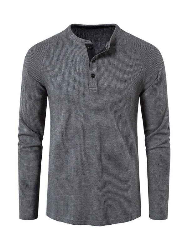 Einfarbiges, klassisches Langarm-T-Shirt mit Knopfleiste für Herren 