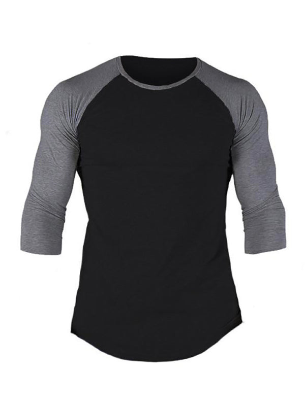 T-shirt raglan à manches trois-quarts pour homme, col rond, couleur contrastée, style sport 