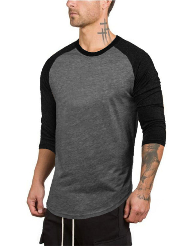 T-shirt raglan à manches trois-quarts pour homme, col rond, couleur contrastée, style sport 