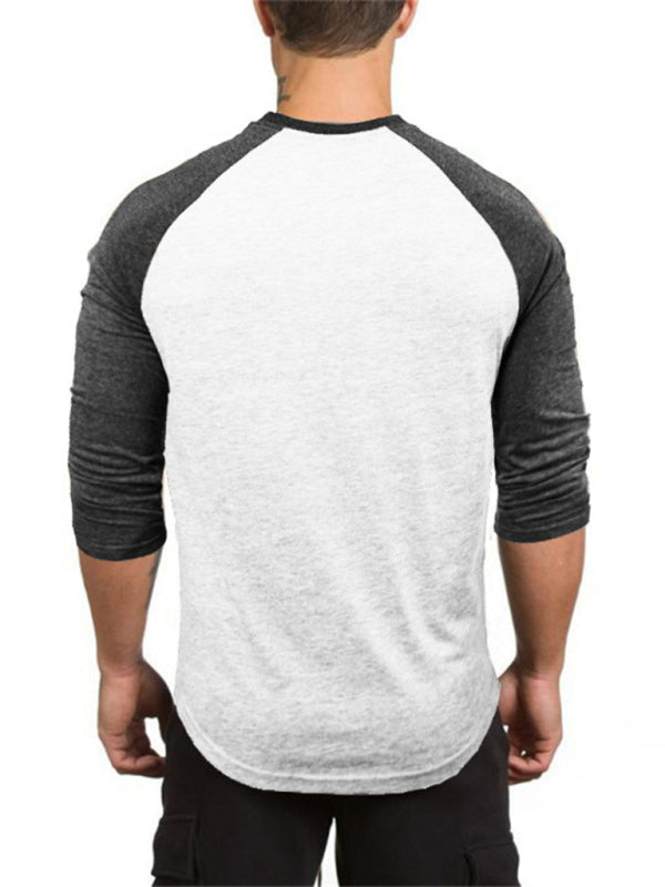 T-shirt raglan à manches trois-quarts pour homme, col rond, couleur contrastée, style sport 