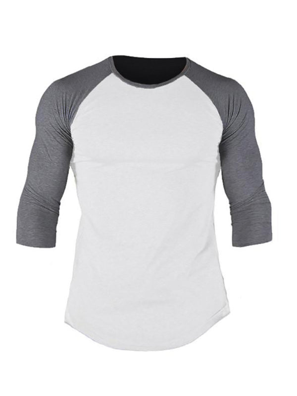 T-shirt raglan à manches trois-quarts pour homme, col rond, couleur contrastée, style sport 