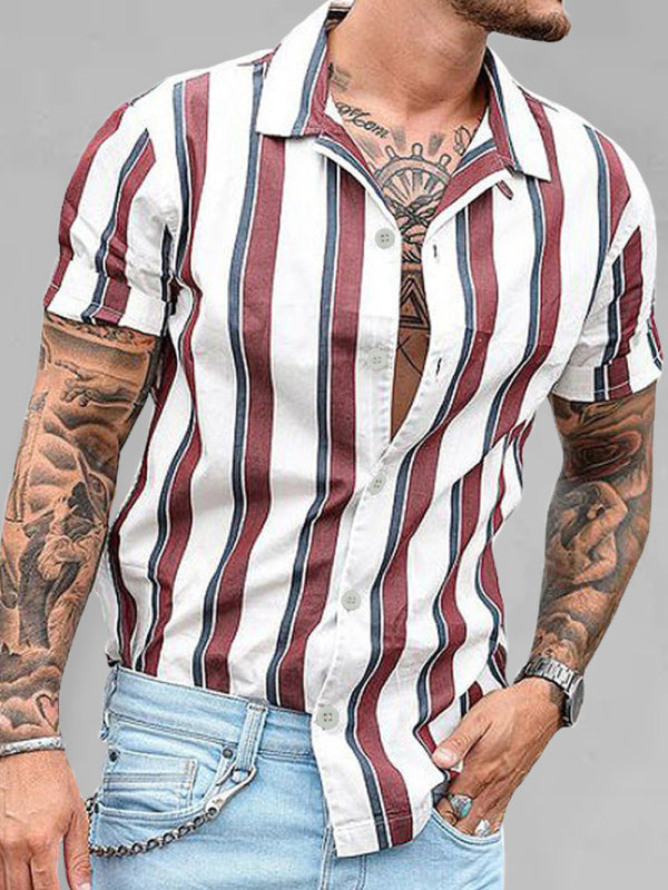 Chemise cardigan rayée décontractée à revers en coton fin pour jeune, manches courtes, coupe ajustée, col à revers. 