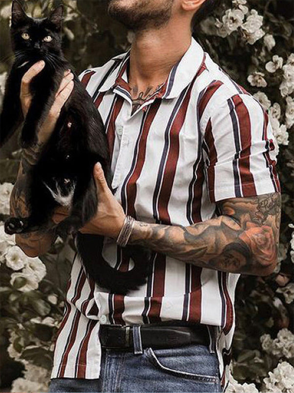 Chemise cardigan rayée décontractée à revers en coton fin pour jeune, manches courtes, coupe ajustée, col à revers. 