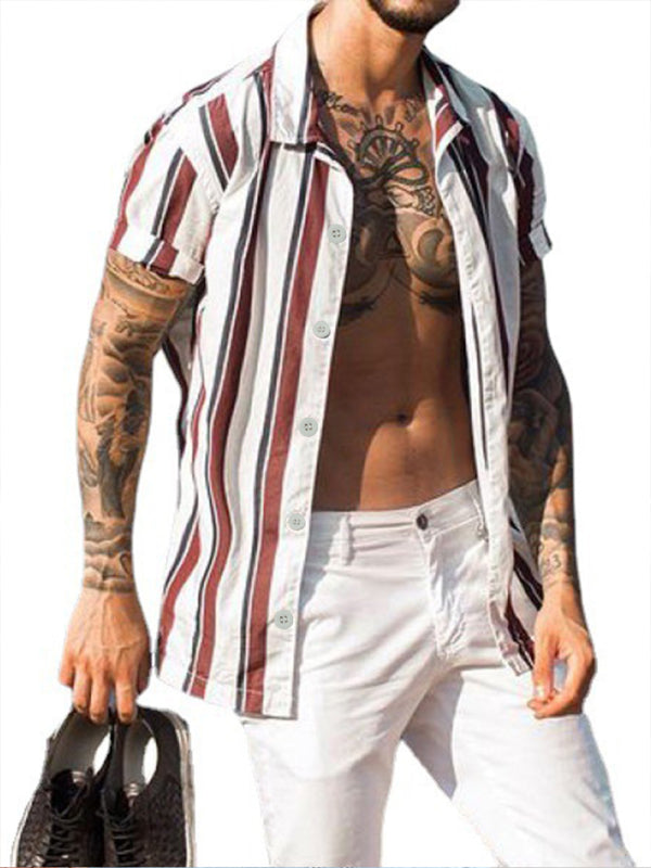 Chemise cardigan rayée décontractée à revers en coton fin pour jeune, manches courtes, coupe ajustée, col à revers. 