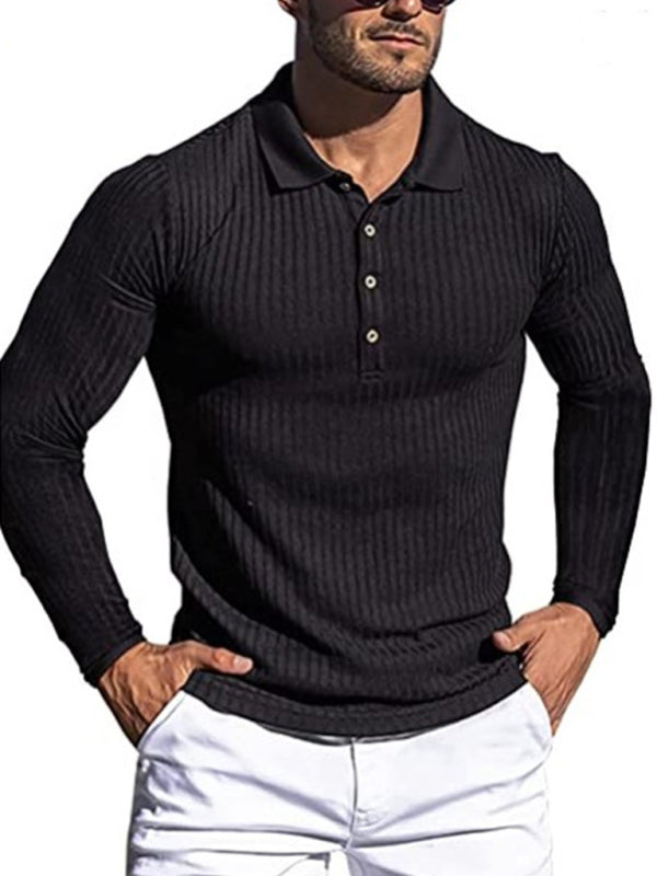 New Men's High Elastic Vertical Strip Long Sleeve POLO Shirt Slim Knit Bottom Shirt Polo Shirt – detail view