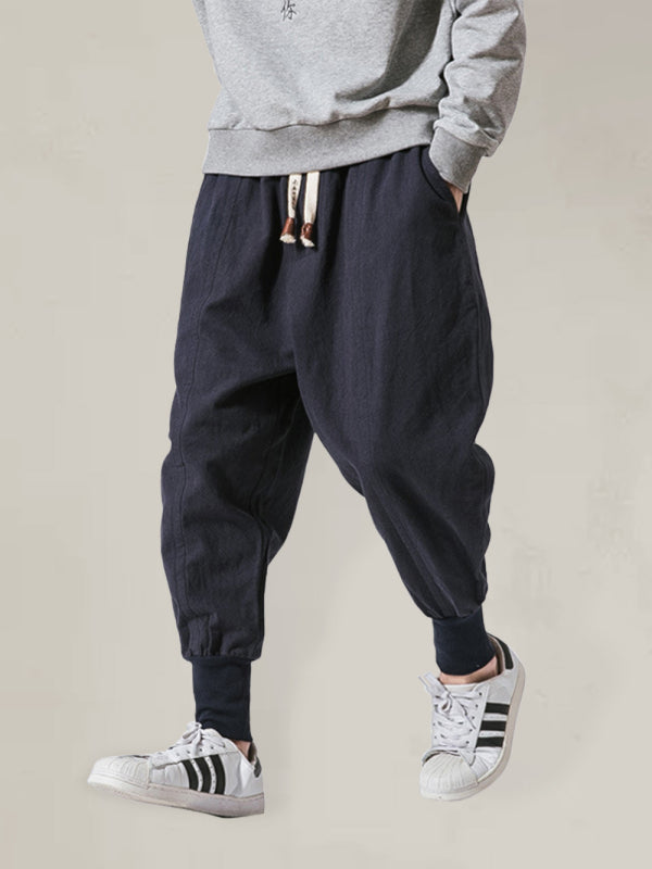 Pantalon en lin pour homme, style hip-hop, respirant, en coton et lin, couleur unie, style bloomer décontracté 