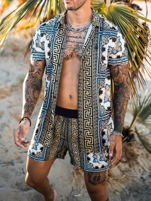 Men's printed lapel short-sleeved shirt + shorts casual suit