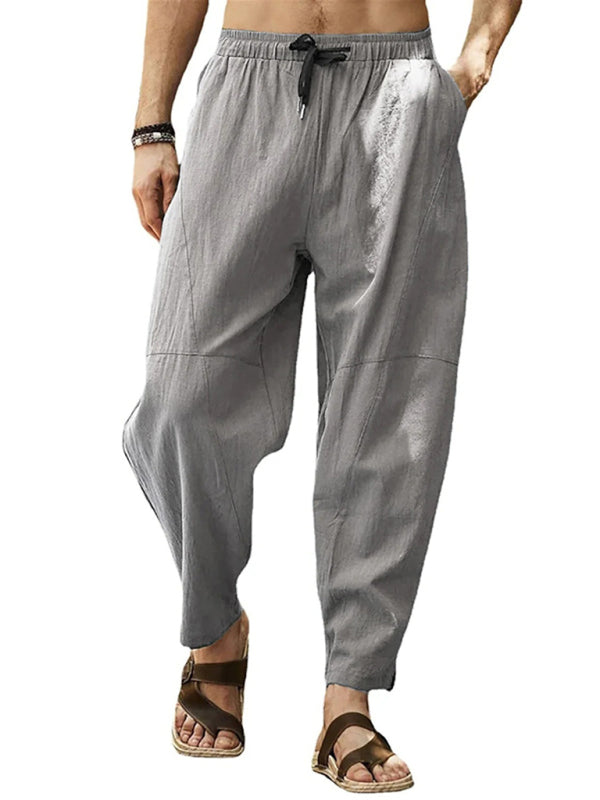 Men's casual loose cotton and linen drawstring hip-hop lantern pencil pants