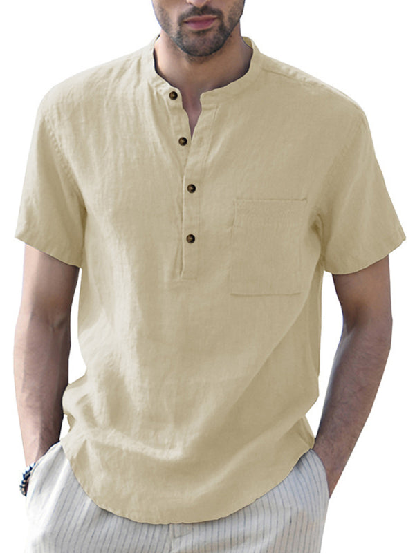 Men's Woven Casual Stand Collar Linen Short Sleeve Shirt