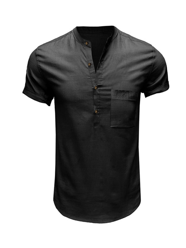 Men's Woven Casual Stand Collar Linen Short Sleeve Shirt