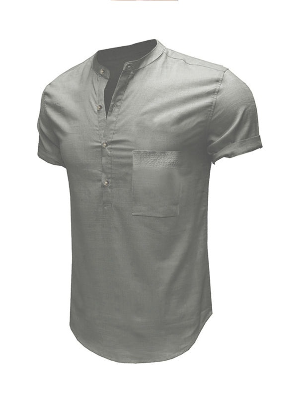 Men's Woven Casual Stand Collar Linen Short Sleeve Shirt