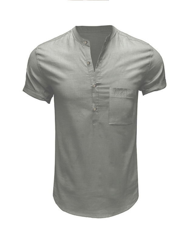 Men's Woven Casual Stand Collar Linen Short Sleeve Shirt