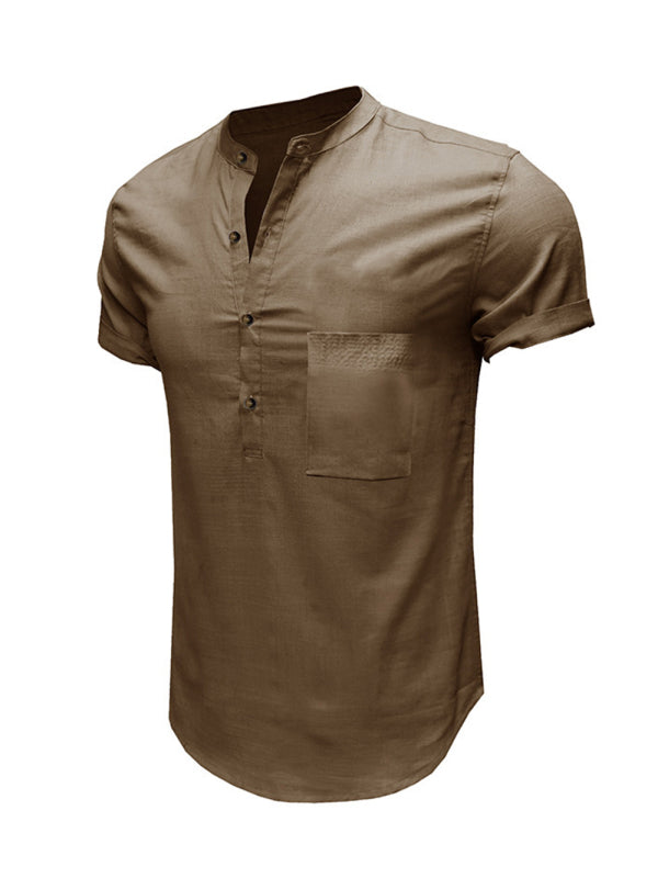 Men's Woven Casual Stand Collar Linen Short Sleeve Shirt